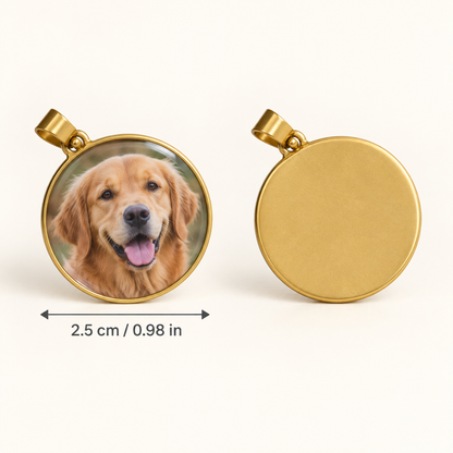 Front and back of personalised pet photo pendant showing 2.5 cm size
