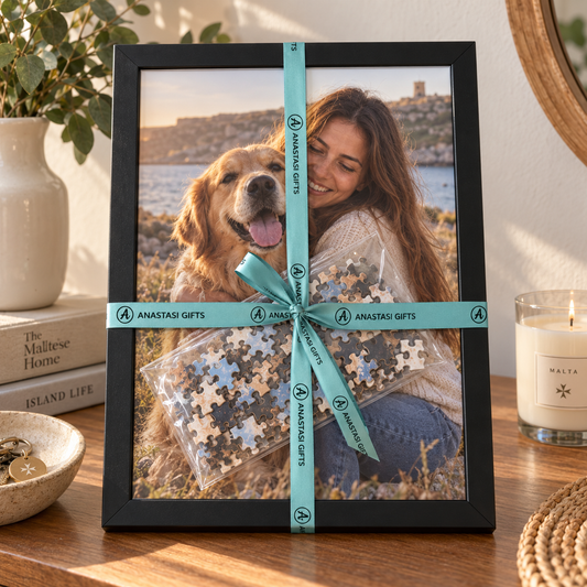 Personalised dog photo puzzle with black frame and Anastasi Gifts ribbon