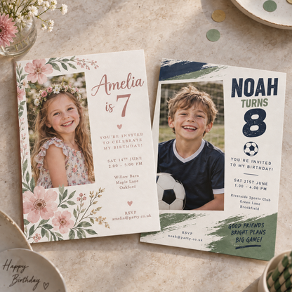 Personalised photo birthday invitations with floral and football designs