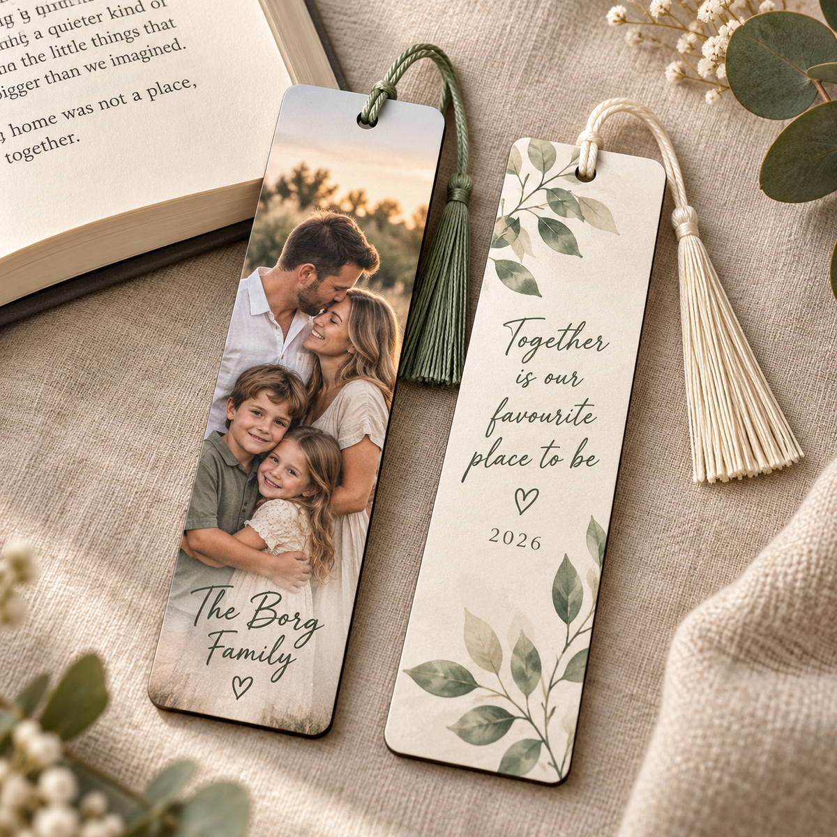 Double-sided family photo bookmark with personalised message on the reverse