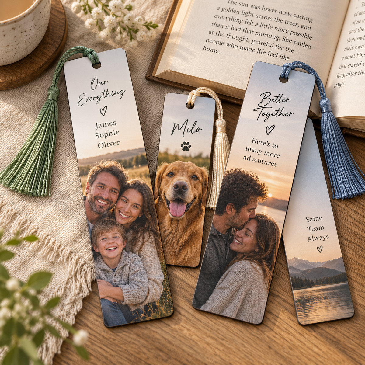 Personalised family, pet and couple photo bookmarks with coloured tassels