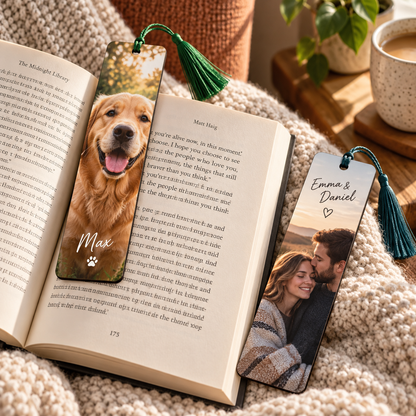 Personalised pet and couple photo bookmarks used with an open book