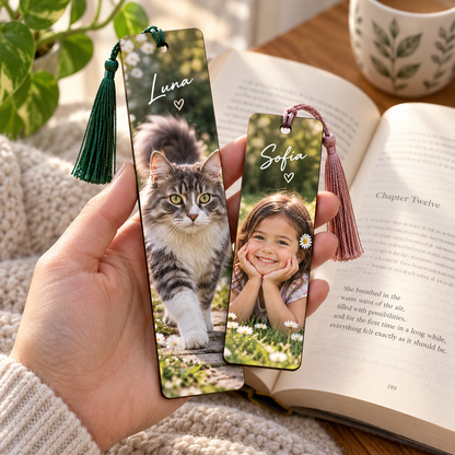 Small and large personalised photo bookmarks held beside an open book