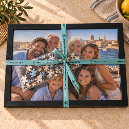 A3 personalised family photo puzzle with black frame and Anastasi Gifts ribbon