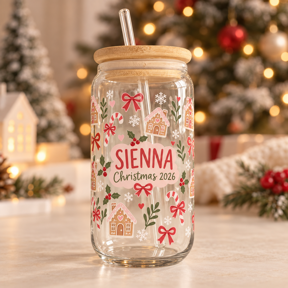 Personalised sweet Christmas glass tumbler with name, gingerbread houses and candy canes
