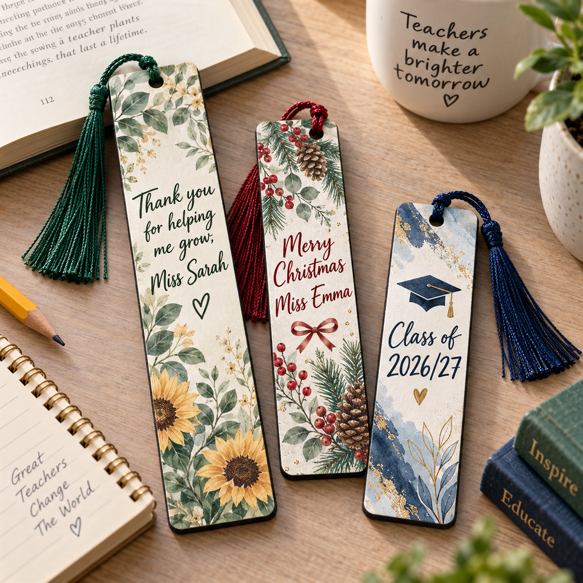 Christmas, end-of-year and class-year personalised teacher bookmarks