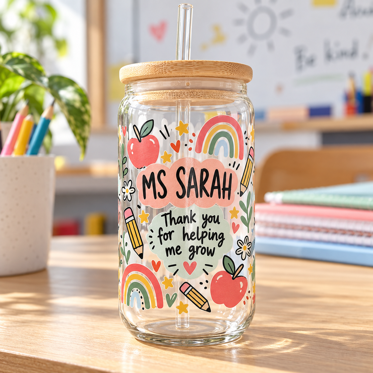 Personalised teacher glass tumbler with name and thank-you message