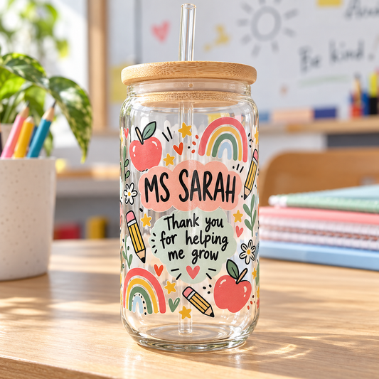 Personalised teacher glass tumbler with name and thank-you message