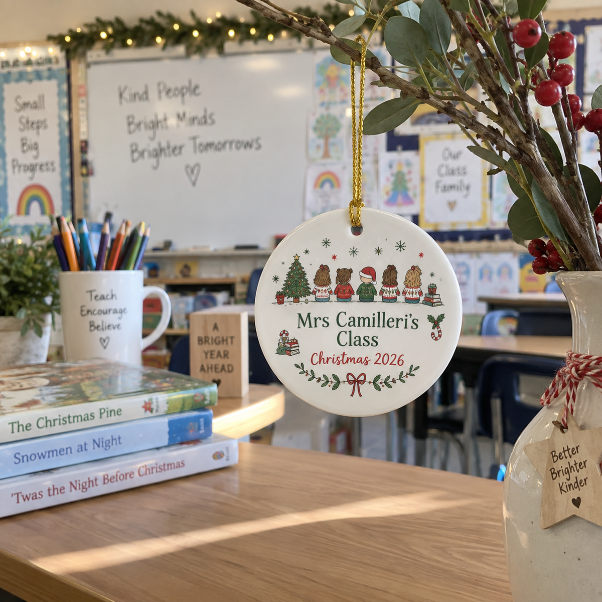 Personalised teacher Christmas ornament displayed in a classroom