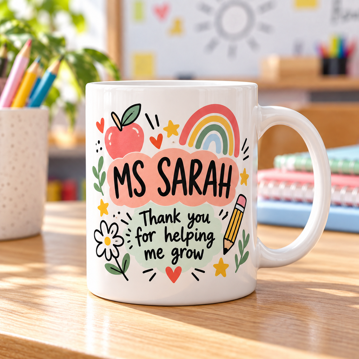 Personalised teacher thank-you 11oz ceramic mug with name and message
