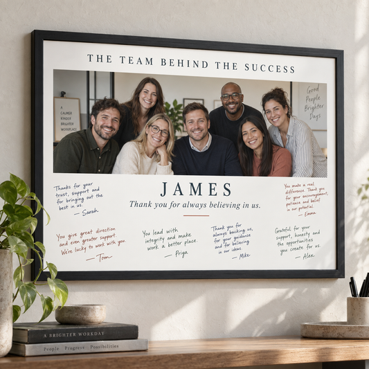 Personalised A3 black team appreciation frame with group photograph and messages for boss James