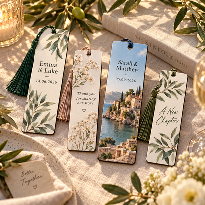 Personalised Mediterranean wedding bookmark favours with names and dates