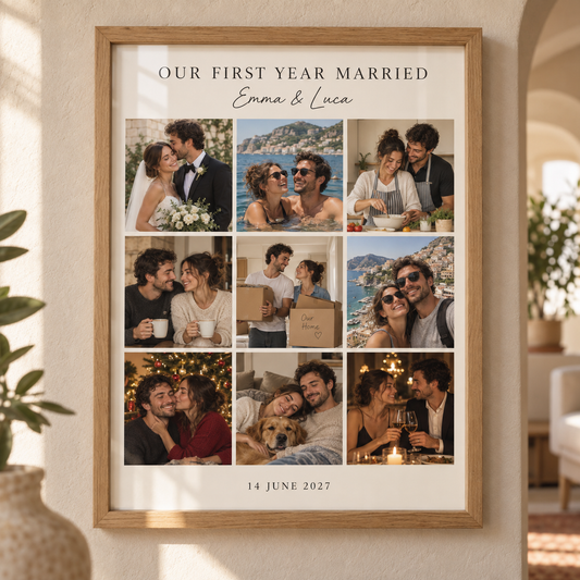Personalised wedding photo collage frame in oak with names and date
