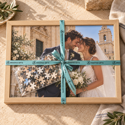Personalised wedding photo puzzle with A3 pine frame and Anastasi Gifts ribbon