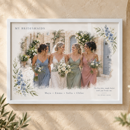 Personalised bridesmaid wedding thank-you photo frame with names and flowers