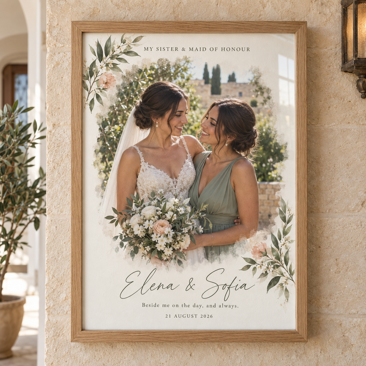 Personalised wedding thank-you photo frame for a sister and Maid of Honour in an oak frame