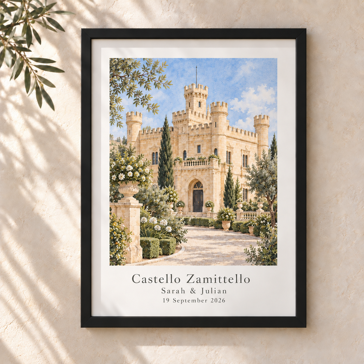 Black A3 personalised Castello Zamittello wedding venue watercolour frame