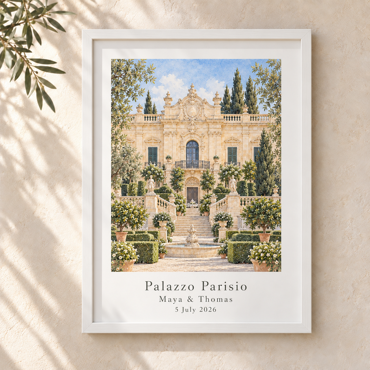 White A3 wedding venue portrait inspired by Palazzo Parisio with personalised names and date