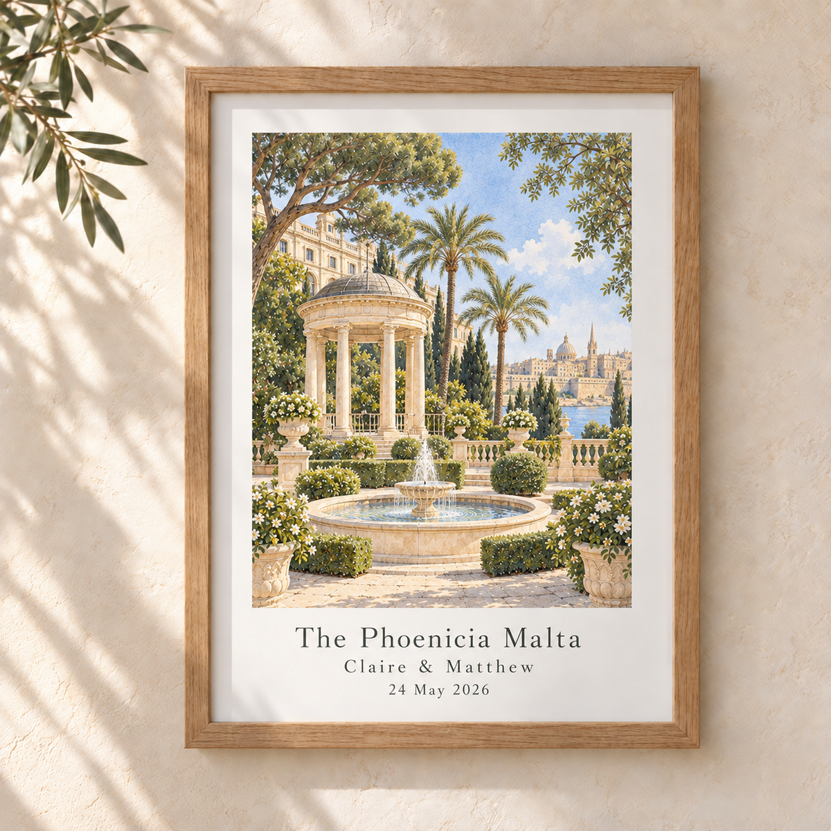 Oak A4 personalised wedding venue portrait inspired by The Phoenicia Malta gardens