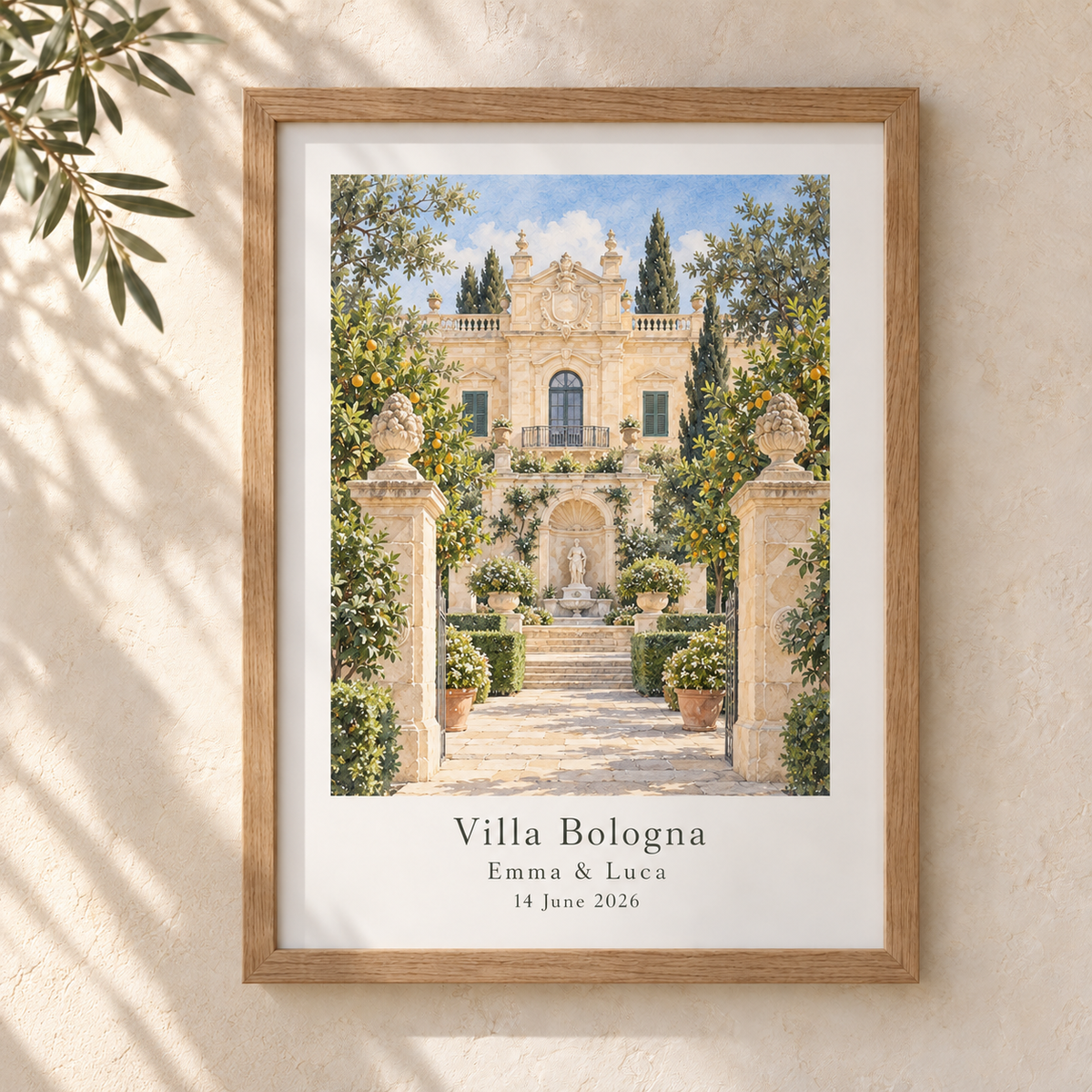 Oak A4 personalised wedding venue watercolour portrait featuring Villa Bologna in Malta