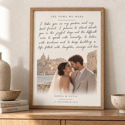 Personalised wedding vow and photograph in an oak A4 portrait frame