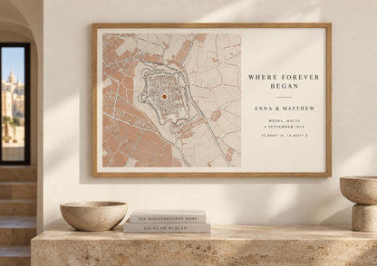 Personalised map frame in oak A3 landscape, featuring Mdina, Malta - Where Forever Began