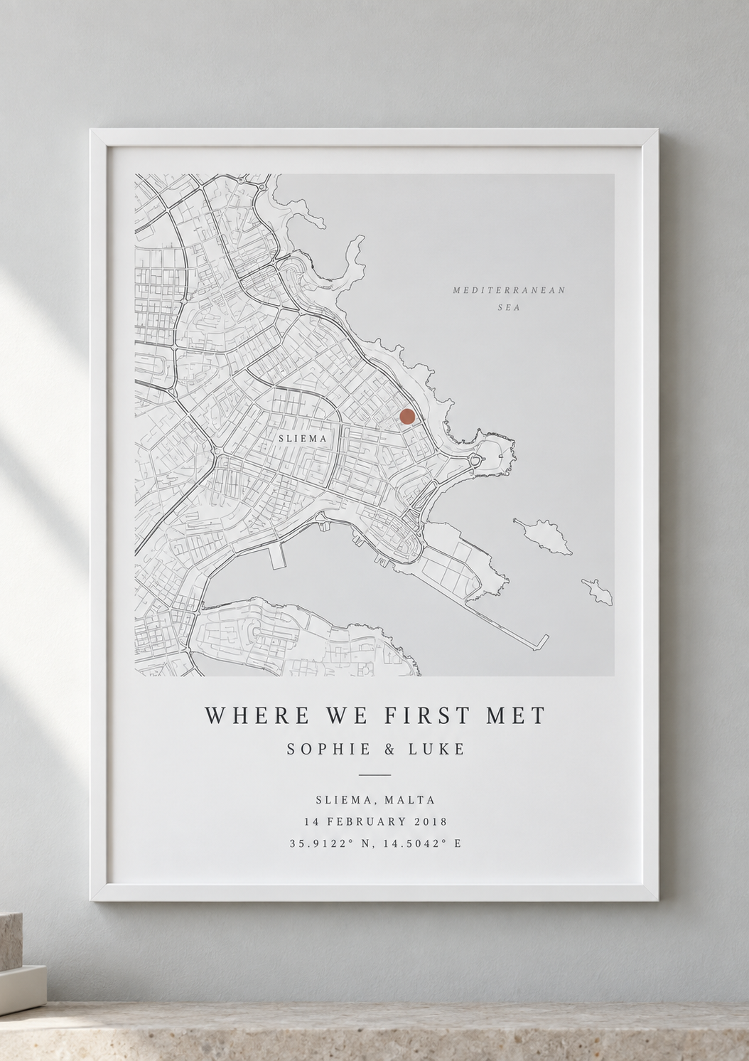 Personalised map frame in white A4 portrait, featuring Sliema, Malta - Where We First Met