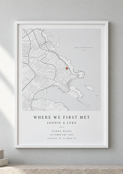 Personalised map frame in white A4 portrait, featuring Sliema, Malta - Where We First Met