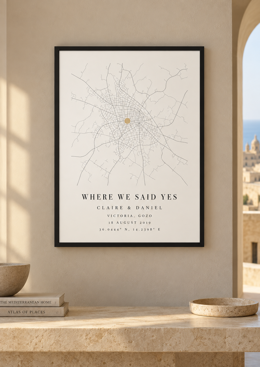 Personalised map frame in black A3 portrait, featuring Victoria, Gozo - Where We Said Yes