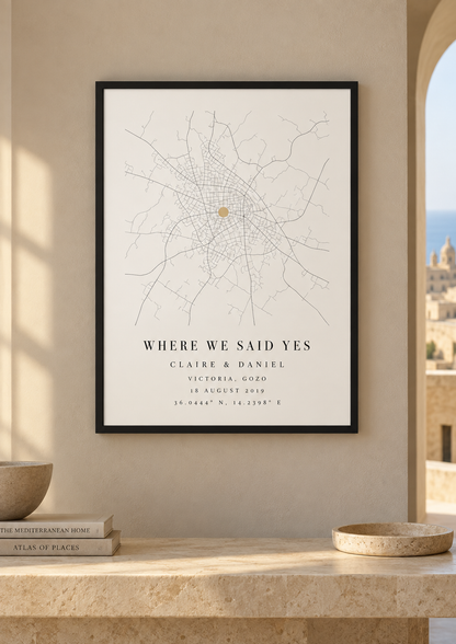 Personalised map frame in black A3 portrait, featuring Victoria, Gozo - Where We Said Yes
