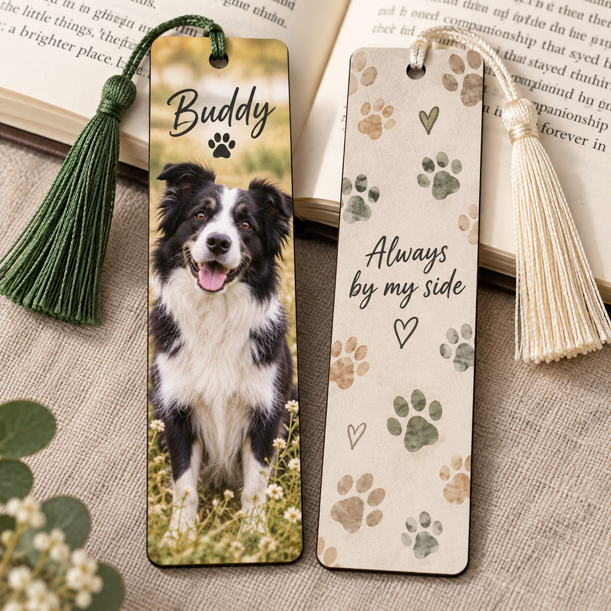 Double-sided dog photo bookmark with personalised message