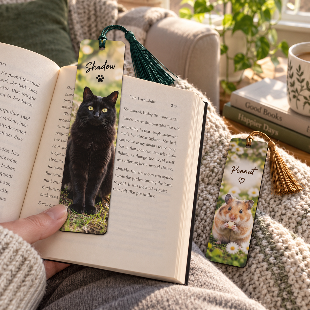 Cat and hamster photo bookmarks used beside an open book