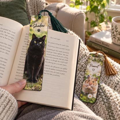 Cat and hamster photo bookmarks used beside an open book