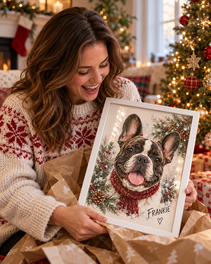 Person holding a personalised framed pet Christmas illustration gift