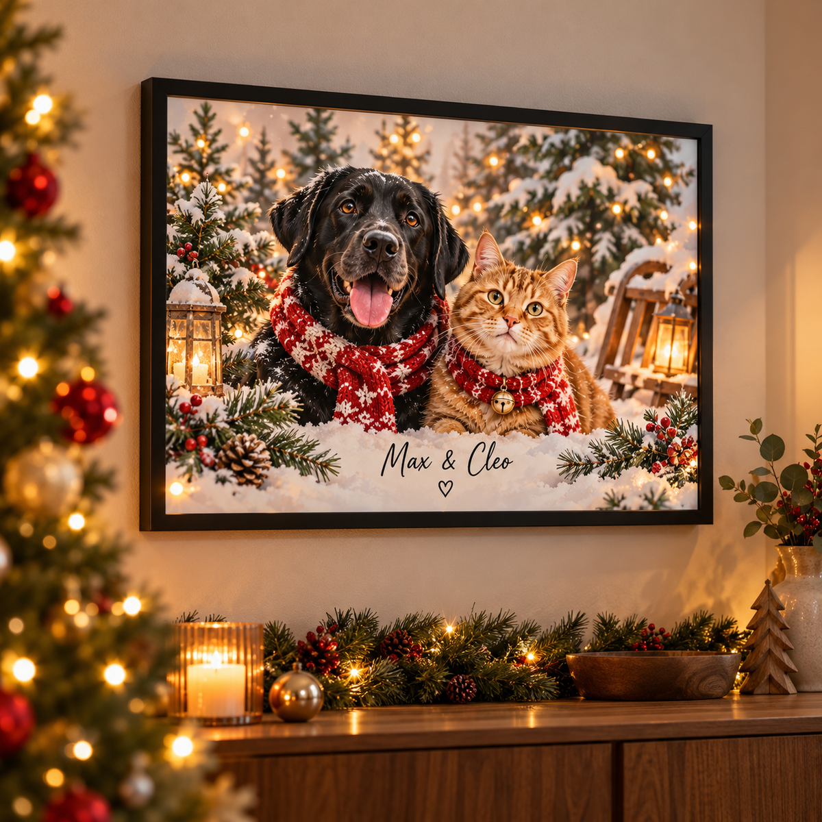 Custom pet Christmas portrait displayed in a festive Malta home