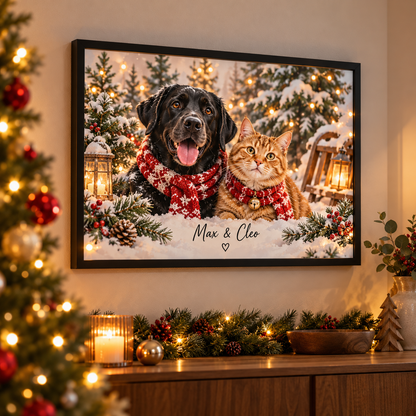 Custom pet Christmas portrait displayed in a festive Malta home