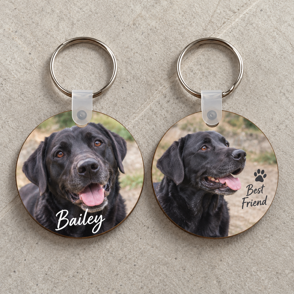 Double-sided personalised Labrador photo keychain showing photo and message sides