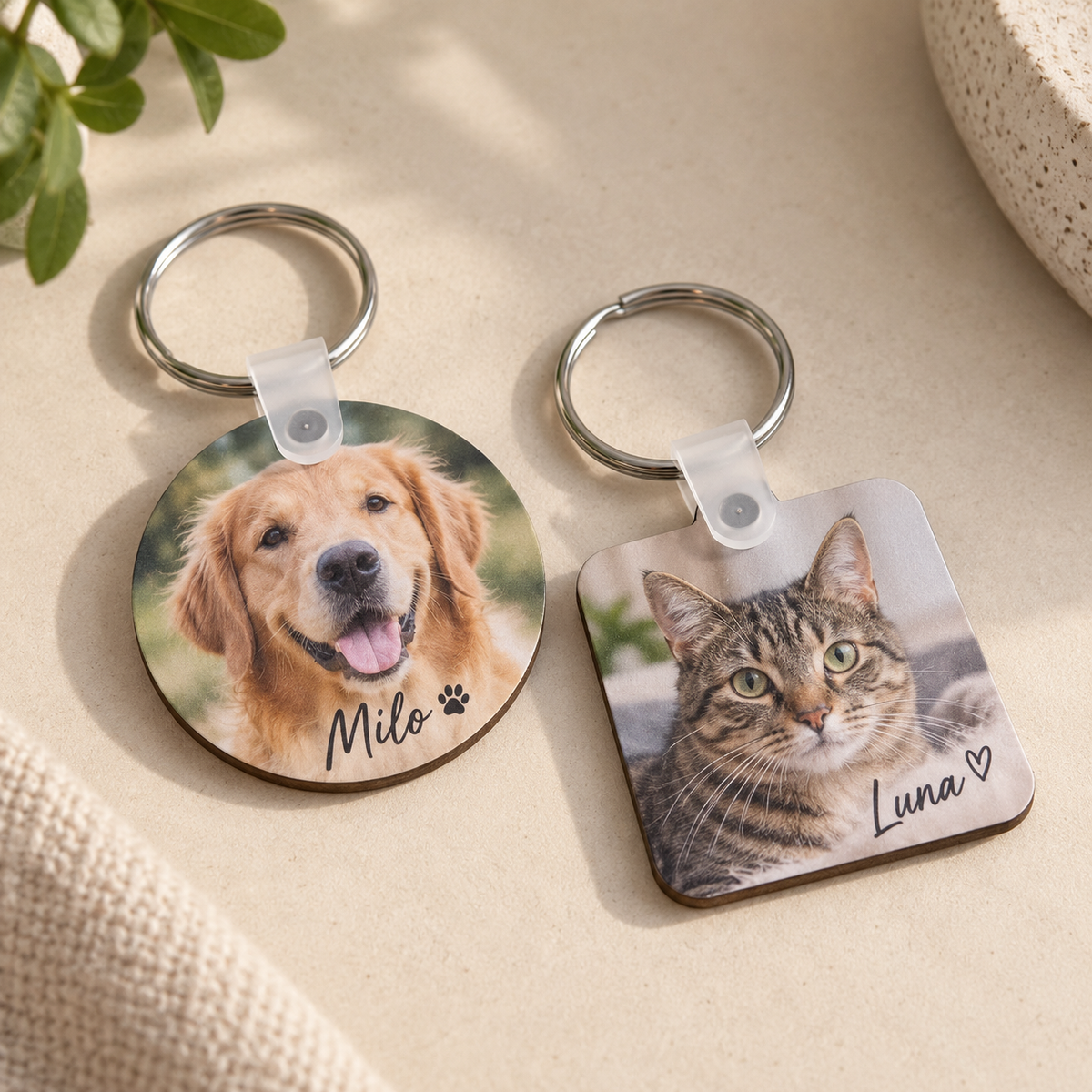 Personalised round and square pet photo keychains with dog and cat portraits