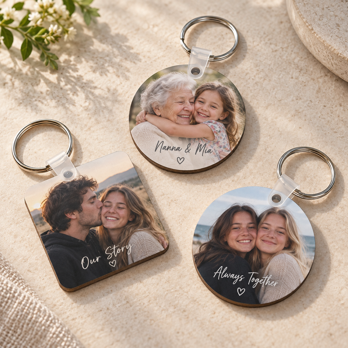 Personalised family friendship and couple photo keychains in round and square shapes