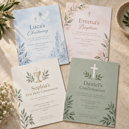 Personalised Christening, Baptism, Holy Communion and Confirmation invitation designs