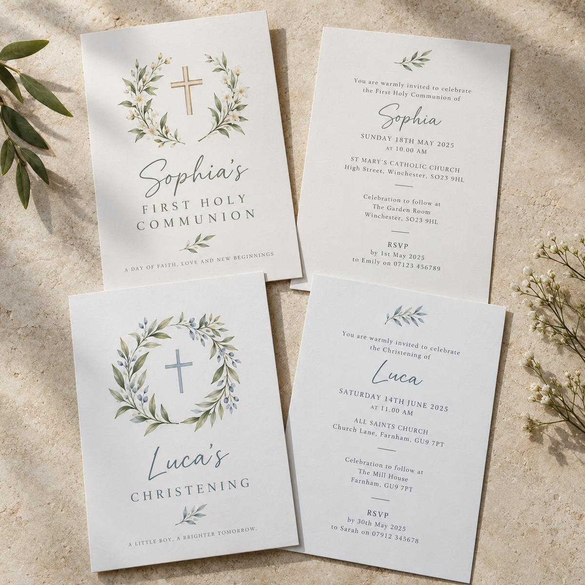 Front and reverse printing examples for personalised Communion and Christening invitations
