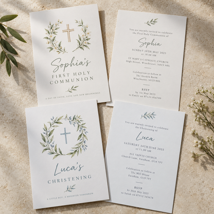 Front and reverse printing examples for personalised Communion and Christening invitations