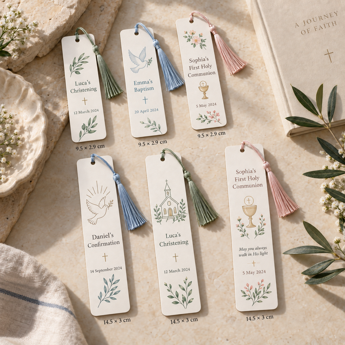 Personalised Holy Communion, Confirmation, Christening and Baptism remembrance bookmarks in two sizes