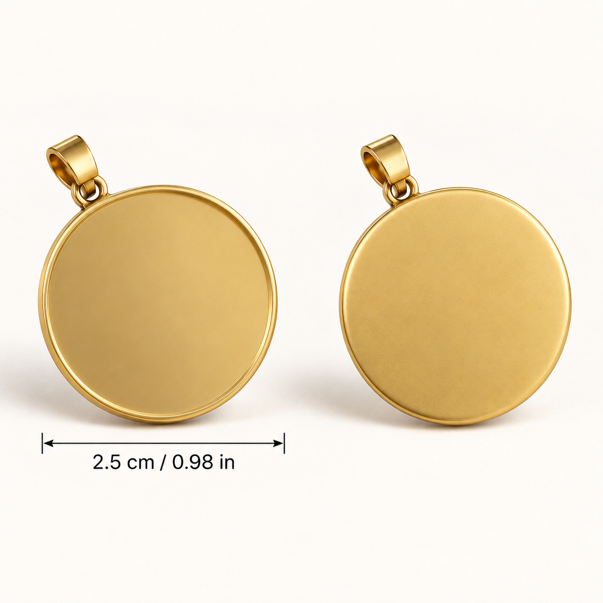 Blank round photo pendant front and back showing 2.5 cm diameter