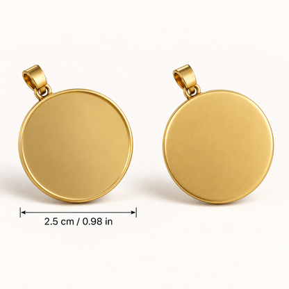 Blank round photo pendant front and back showing 2.5 cm diameter