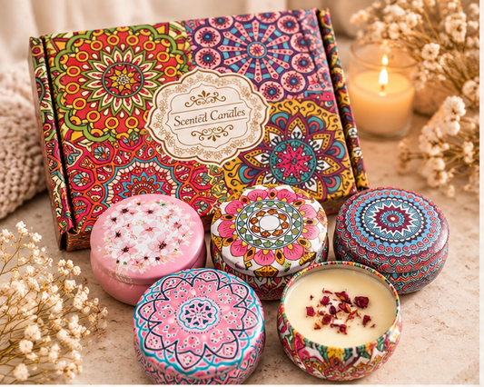 Scented candle gift set floral and mandala design - set of 5