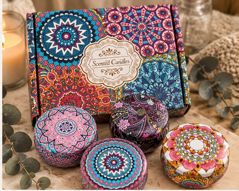 Scented candle gift set mandala and paisley design - set of 4