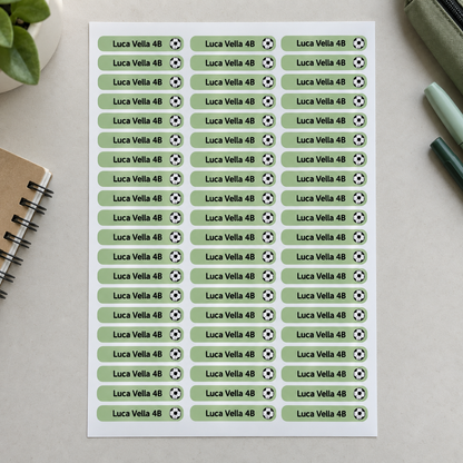 Full sheet of sage personalised school name stickers with football icon