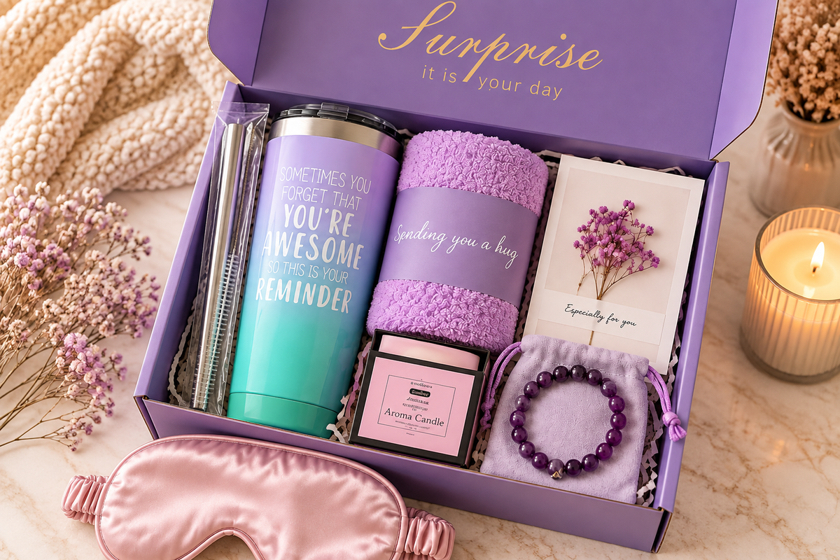 Pampering gift box for her with tumbler, candle, bracelet and stainless steel straw
