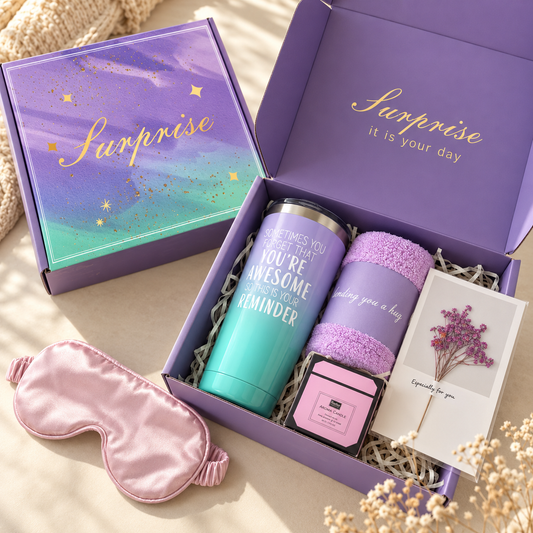 Self-care gift hamper Malta with tumbler, candle, sleep mask and cosy gifts